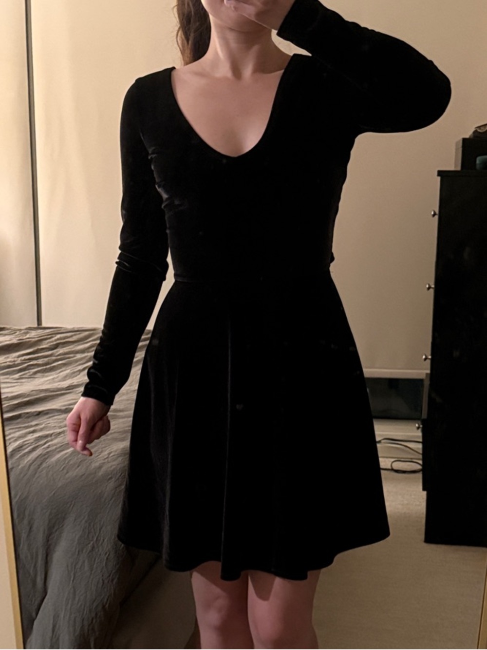 Black Long-Sleeve Velvet Fit & Flare Dress